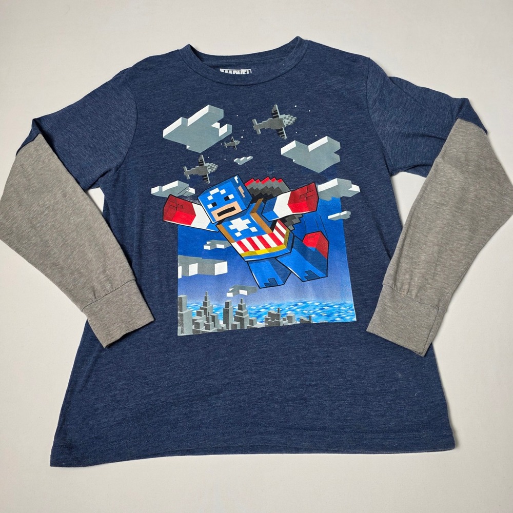 Marvel Captain America Lego Graphic T-shirt Kids XL Blue Long Sleeve Shirt‎